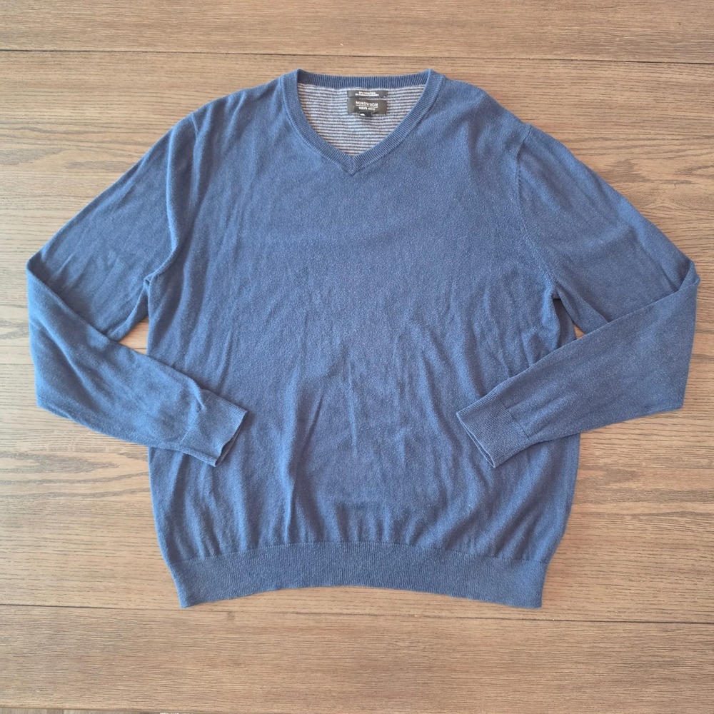 Nordstrom Mens Shop Blue V-Neck Cotton Cashmere Blend Sweater Large L